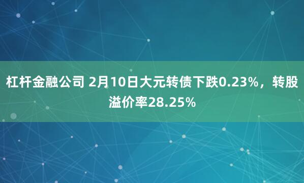 杠杆金融公司 2月10日大元转债下跌0.23%，转股溢价率28.25%